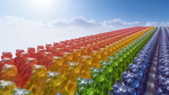 Tracking camera revealing dense rows of clear gummy bears on mirror plane showing rainbow order