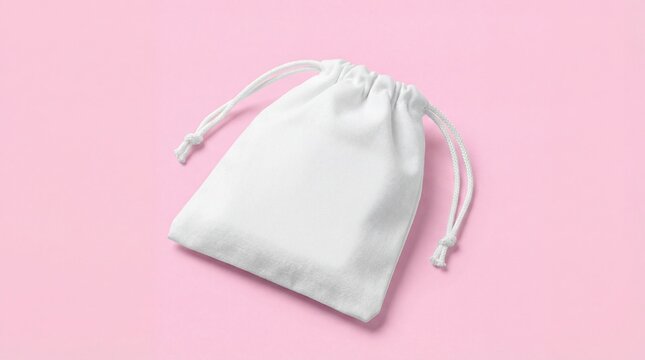 White cotton drawstring bag on pink background