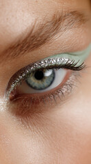 Obraz premium Makroaufnahme eines weiblichen Auges mit schimmerndem Lidschatten und feinem Make-up. Beauty- und Kosmetikmotiv mit Fokus auf Detail, Eleganz und moderne Ästhetik für Mode und Hautpflege.