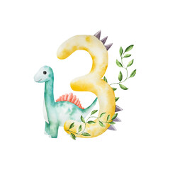 Fototapeta premium Cute dinosaur number three with Spinosaurus, Brachiosaurus. Watercolor hand drawn prehistoric Spinosaurus, Brachiosaurus animal. Isolated illustration on transparent background. Perfect for for