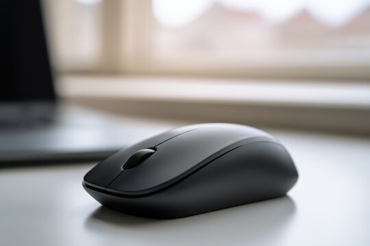 Close-up of a matte-black computer mouse on a clean desk with soft lighting