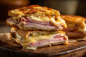 Close-up of a pressed Cuban sandwich showing layered fillings on a rustic wooden board
