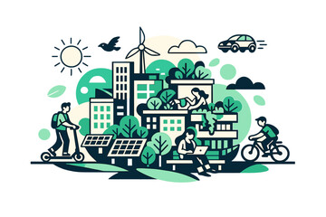 Sustainable Urban Harmony. Urban sustainability illustration. A green city skyline with solar panels, rooftop