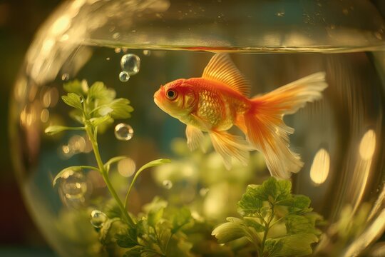Close-up of a veiltail fancy goldfish with flowing fins in a clear glass bowl