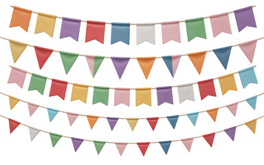 Obraz premium Colorful triangular party flags on strings isolated on transparent background