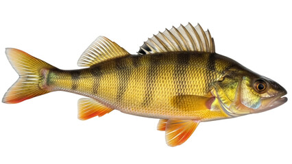 Isolated Perch fish floats sideways, a freshwater predator with yellow body and dark stripes © Rowan