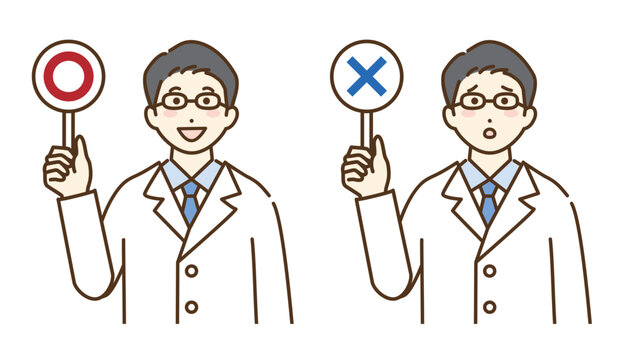 人物 丸とバツの札を持つ男性医師