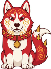 Traditional Chinese Lunar New Year festive husky dog character with red gold swirl patterns and collar oriental zodiac animal mascot vector illustration © Moskirul