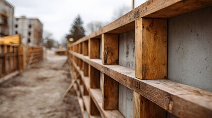 Close up view of wooden formwork structure in prepa n for pouring concrete walls at an outdoor construction site
