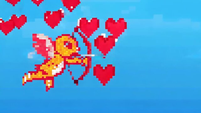 Drawing bow, orange pixel cherub firing arrows across blue sky, sending heart clusters, copy space