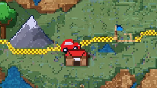 Starting route moving red pixel car rightward along yellow checkered road, aiming for blue flag