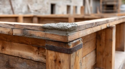 Close up of wet grey concrete being poured onto wooden formwork at a construction site highlighting the texture and structure