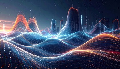 Abstract blue background featuring a fractal wave design with glowing lines and motion energy on a dark space backdrop