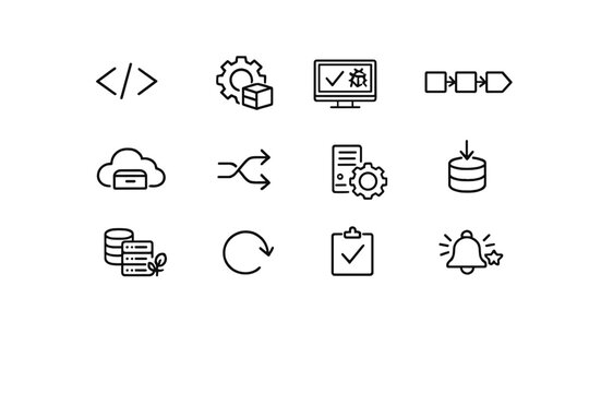 CI CD Pipeline. Line outline icon set of CI CD Pipeline: source code, build process, automated testing,