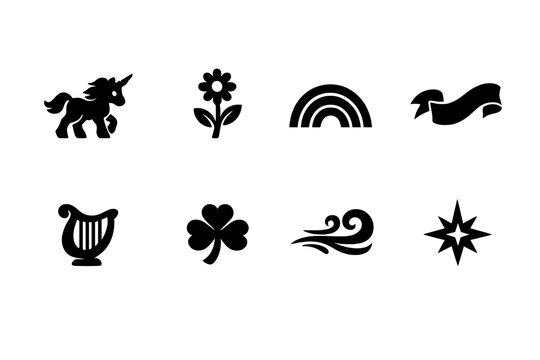 Fantasy spring meadow. Filled icon set of Fantasy spring meadow: unicorn foal, wildflower, rainbow arc,