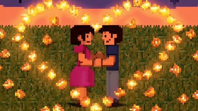 Touching hands pixel couple moving closer in dusk field, heart ring pulsing for romance, pink dress