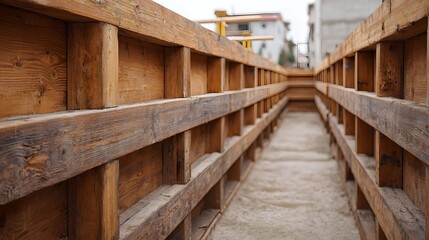 Wooden formwork lines a deep trench guiding the path forward at a construction site showcasing industrial development