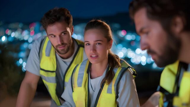 A team of emergency responders in reflective vests collaborates on the scene of an incident, coordinating efforts to assist civilians while highlighting the importance of safety gear in their