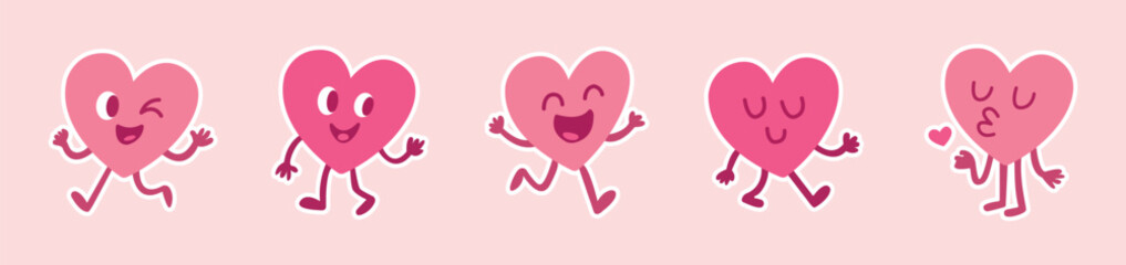 Cute Heart Character Vector Icons Set Cartoon Love Emotions and Expressions Design.
