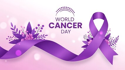 Fototapeta premium World cancer day awareness ribbon with floral elements on a pink background
