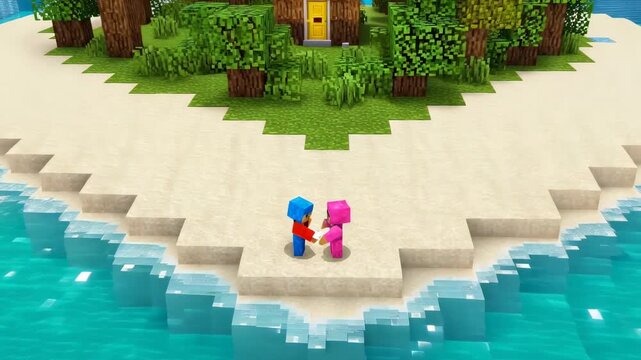 Zooming camera bringing blue and pink voxel avatars closer on heart-shaped island tip, sharing gift