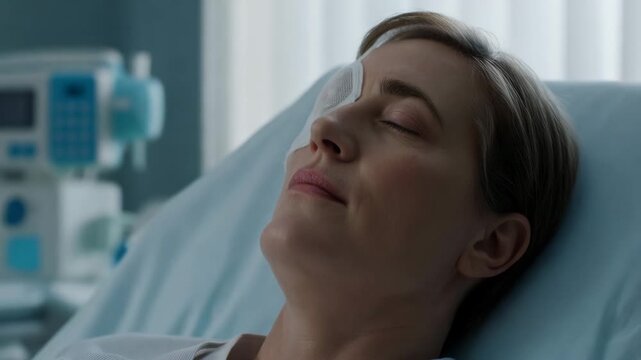 Patient resting with eye patch in recovery room of eye clinic