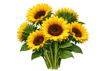 Naklejka premium Vibrant sunflower bouquet blooming with yellow petals and green leaves, symbolizing summer, nature, and happiness on transparent background