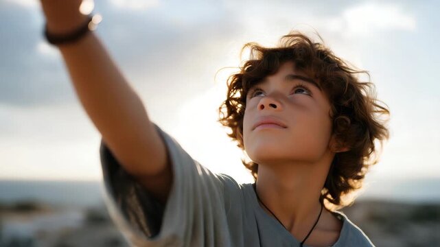 Child reaching for a star in a dreamlike environment, soft light and open gesture symbolizing hope, inspiration, curiosity, fantasy, and the pursuit of dreams in childhood. cinematic color