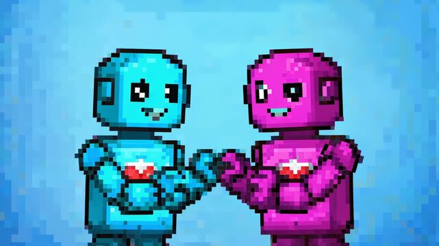 Moving inward cyan and magenta robots clasping hands at blue gradient backdrop, sharing red hearts