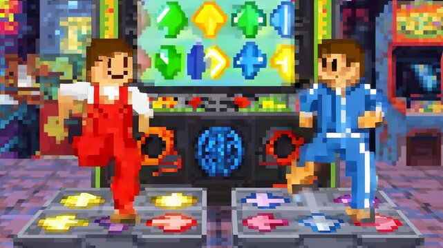 Stepping 2 blocky dancers in red outfit and blue suit matching cabinet arrows on pads