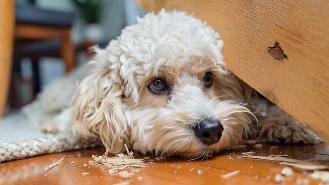 Dog with a guilty face of broke something at home 