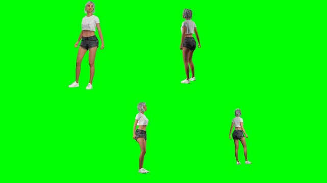 Woman in black outfit performing dynamic jump kick dance move on green screen chromakey background, high energy action, 3D animated cartoon animation style female character fight and dance