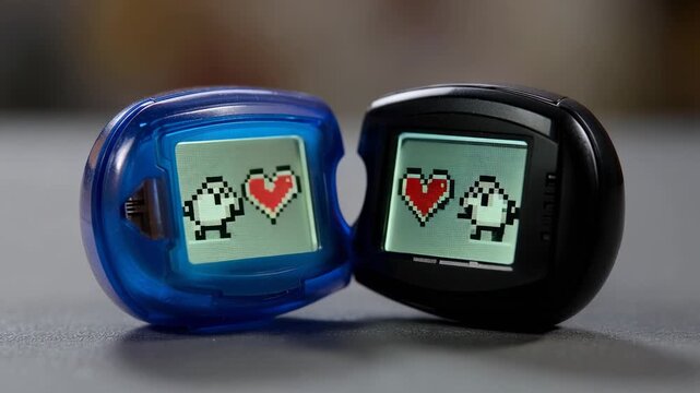 Pulsing on start, two pet devices showing chicks stepping toward heart on table, simulating play