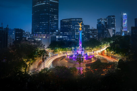 Angel of Independence Monument and Paseo de la Reforma Avenue aerial view at night - Mexico City, Mexico