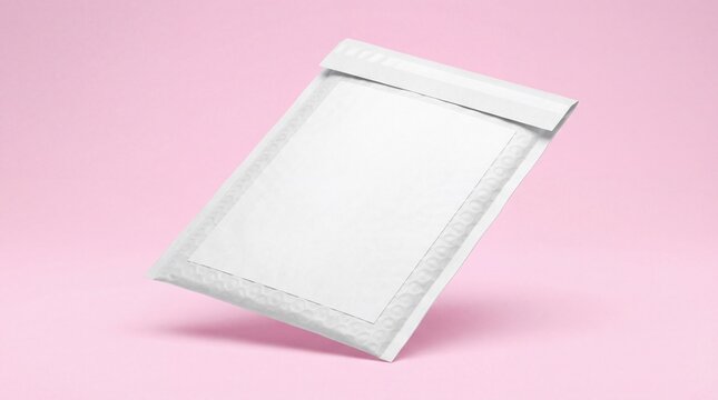 White bubble mailer envelope on pink background for shipping and packaging needs