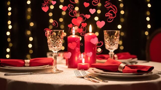 A romantic dinner setting features flickering candles, elegant table arrangements, and sparkling lights, creating an intimate, enchanting ambiance perfect for a special evening.