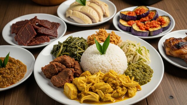 Nasi padang dengan sambal hijau, rendang, dan daun singkong