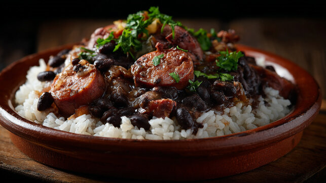 Brazilian Feijoada - hearty black bean stew. Traditional feijoada with black beans sausages and white rice.
