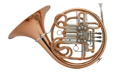 Isolated copper French horn, a classical brass wind instrument for professional musicians