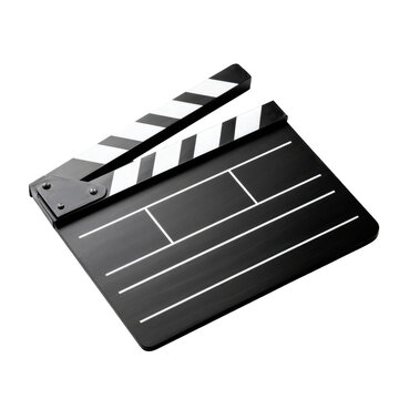 A black film clapperboard, angled, with white stripes