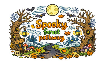 Naklejka premium Spooky forest pathway. Hand-drawn doodle illustration of Spooky forest pathway. twisted trees, dark pathway,