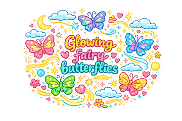 Fototapeta premium Glowing fairy butterflies. Hand-drawn doodle illustration of Glowing fairy butterflies. fairy butterflies,