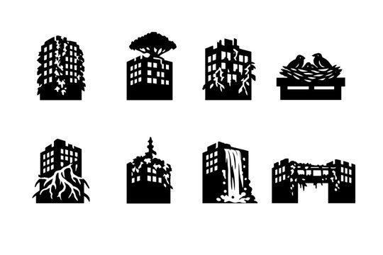 Nature reclaiming skyscrapers. Filled icon set of Nature reclaiming skyscrapers: ivy covered skyscraper, tree