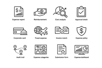 Expense Management Icons. Expense management icons. Line outline icon set of Expense management icons: expense