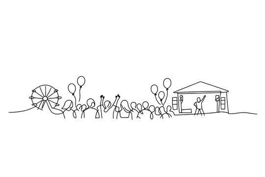 "Sunny summer festival". Minimalistic one-line drawing crowd enjoying outdoor carnival with balloons and stage