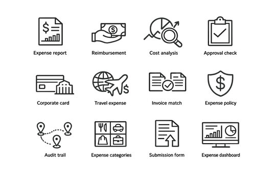 Expense Management Icons. Expense management icons. Line outline icon set of Expense management icons: expense