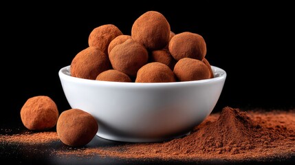 A bowl holds chocolate-covered candy balls with cocoa powder scattered around the bottom on a black background