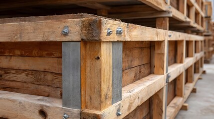 Stacked wooden crates with metal reinforcements ready for transport or storage at an industrial site