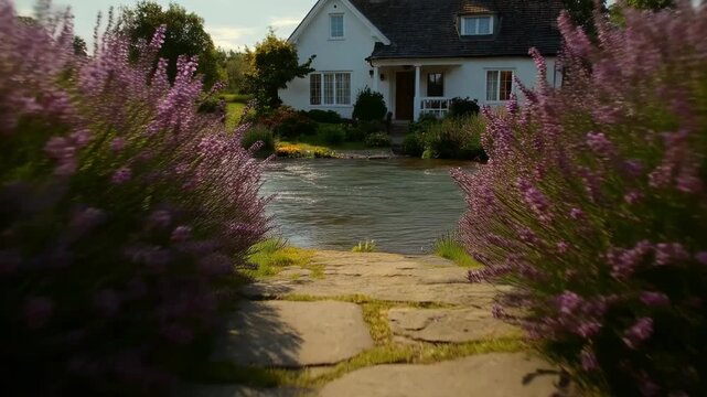 Starting low camera moving along flagstone path between purple shrubs to river, revealing cottage