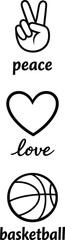 Peace, love, and basketball icon collection with hand sign, heart, and basketball in simple outline style